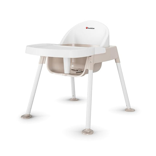 Foundations Secure Sitter 13" Feeding Chair, Stable “No Tip” Feet, 3-Point Adjustable Harness, Removable Tray, Easy to Clean, Smooth Plastic (White/Tan)