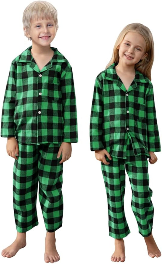 Schbbbta Kids Pajamas Set, Plaid Button Down Pjs for Girls & Boys, 9 Months - 14 Years