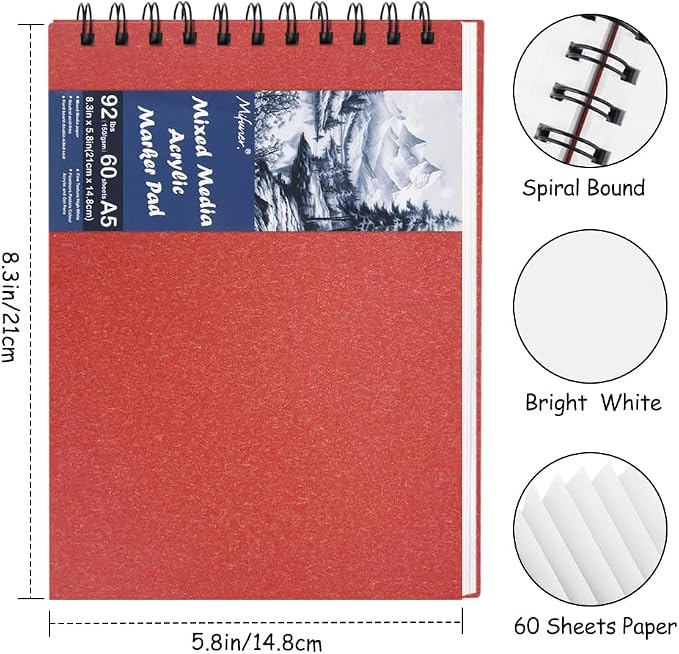 8.3x5.8 Sketch Book, Top Spiral Bound Sketch Pad, 60sheets 92lb/150gsm Bright - Image 2