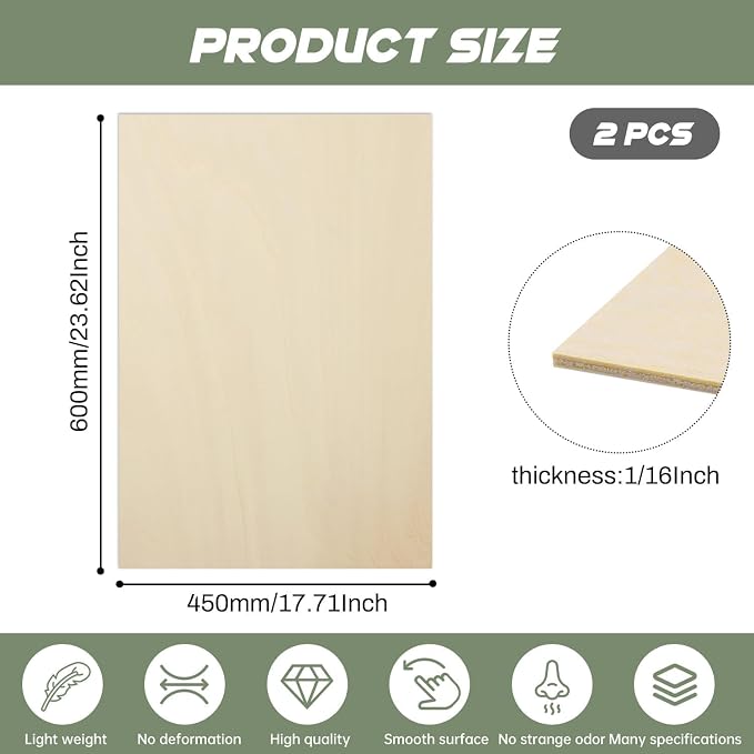 2 Pack Plywood Sheets, 17.1" x 23.6"x 1/16" Basswood Sheets | 1.5mm Basswood - Image 2