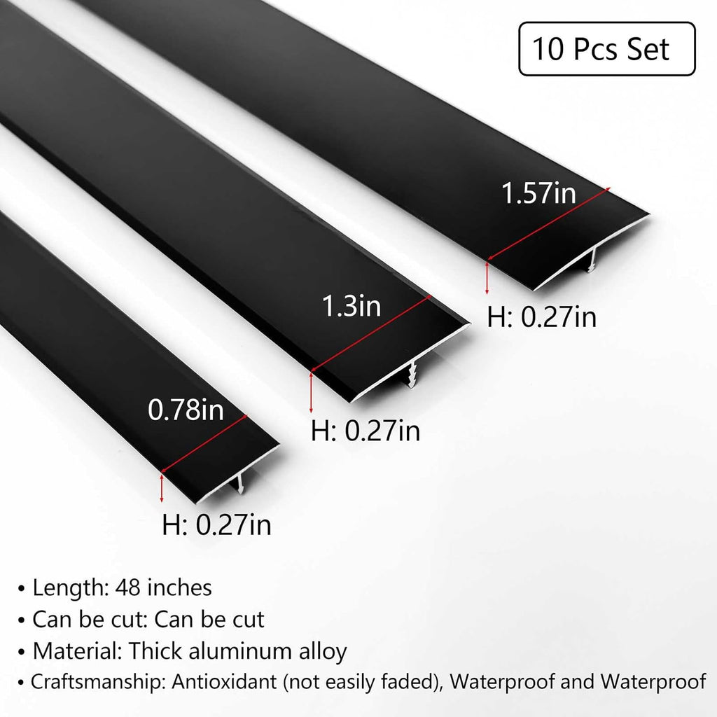 10Pcs Aluminum T Molding Floor Transition Strip, 48In Aluminum T Molding Trim, Floor Strip Floor Flat Divider Strip for Joining Floor Gaps, Threshold, Floor Tiles (Black, 4ft x 1.57in 10Pcs)