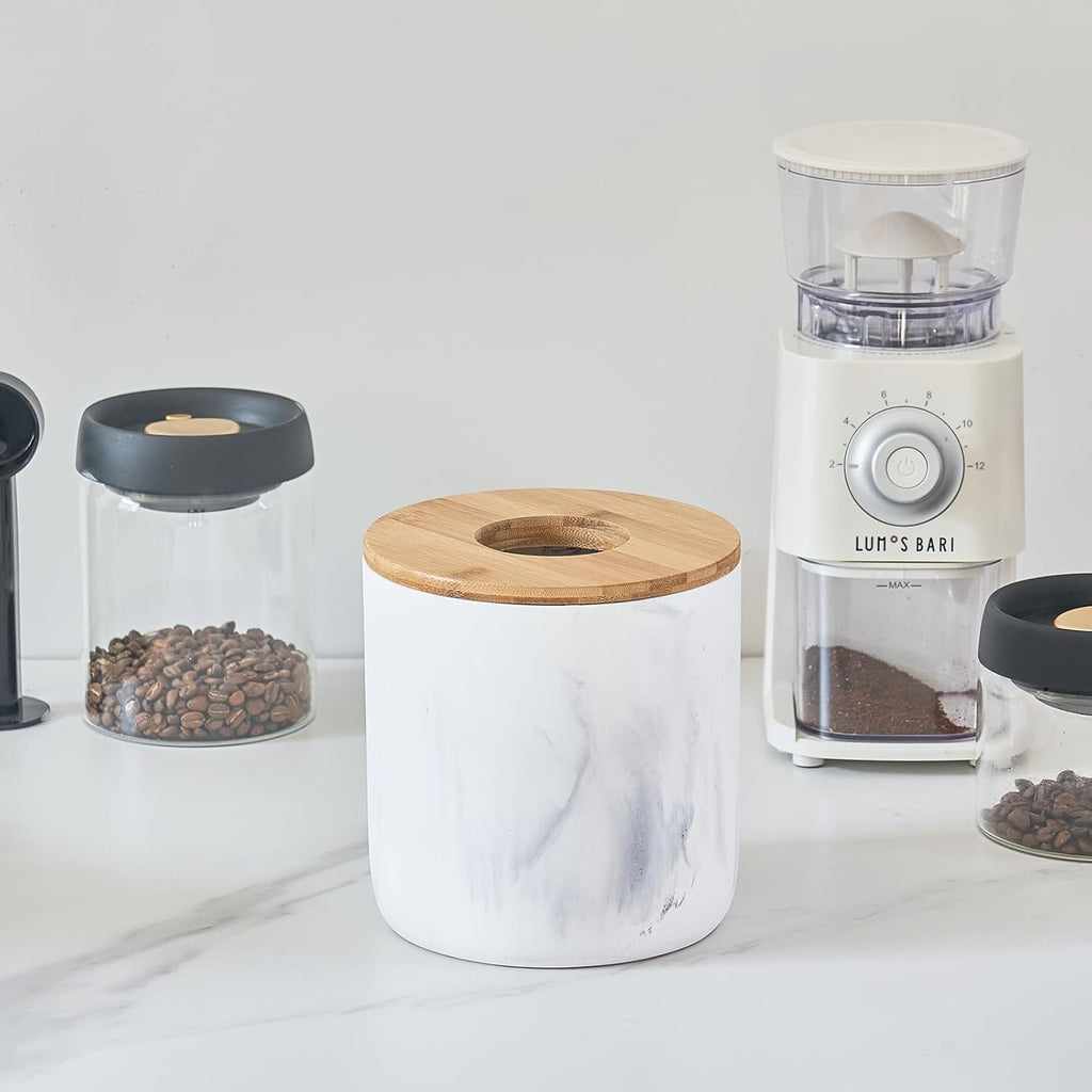 Polytree Marble White Mini Trash Can with Bamboo Lid,Small Countertop Trash Can,Desk Trash Can,Table top Mini Garbage Cans,Resin Tiny Waste Basket