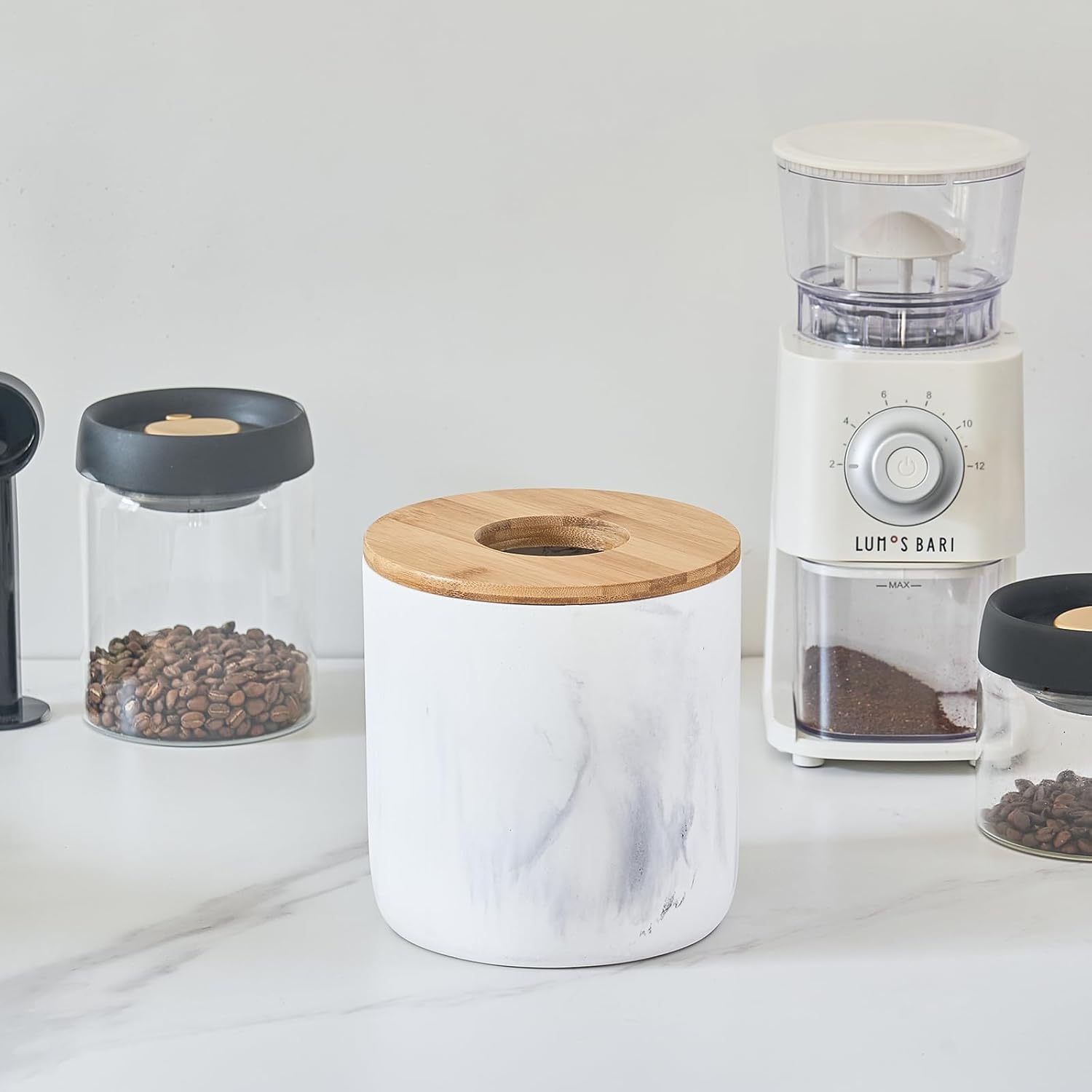 Polytree Marble White Mini Trash Can with Bamboo Lid,Small Countertop Trash Can,Desk Trash Can,Table top Mini Garbage Cans,Resin Tiny Waste Basket