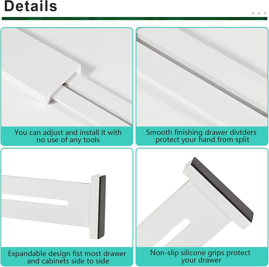 4 Pack Bamboo Drawer Dividers, Adjustable Length from 12 Inch to 17 Inch, Expandable Kitchen Drawer Organizer, Drawer Organization Separators for Clothes, Kitchen, Bedroom, Dresser, Office (White)