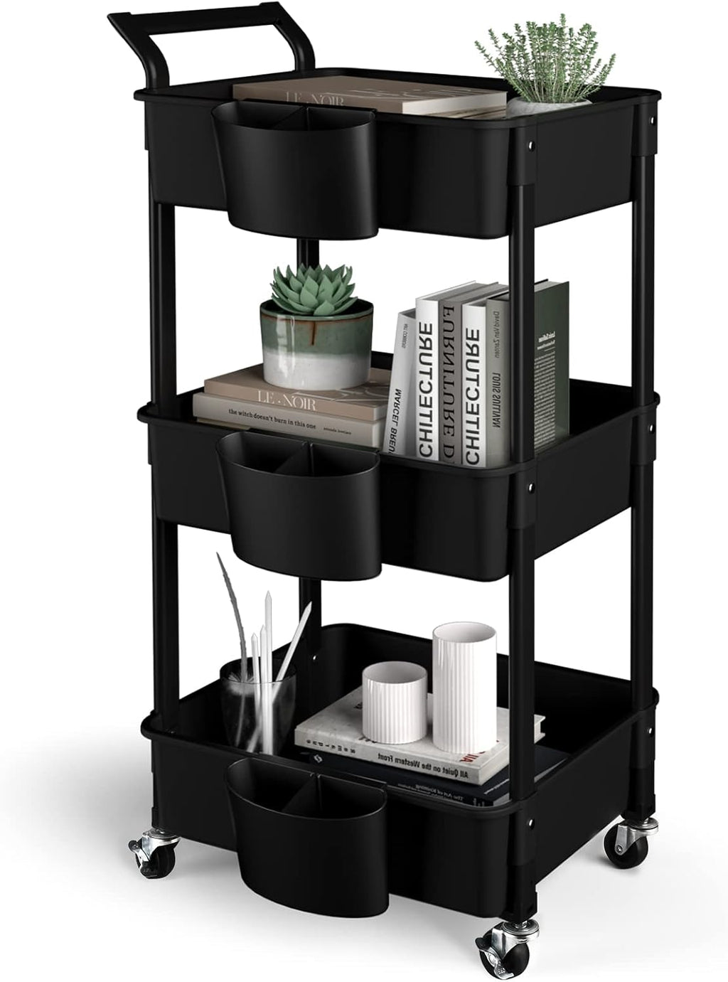 3-Tier Utility Rolling Cart,Mobile Utility Cart with Lockable Caster Wheels,Storage Shelves Organizer Cart, 3 Hanging Baskets, Easy Assembly,for Bathroom, Kitchen, Office, Workshop