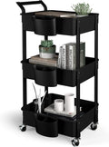 3-Tier Utility Rolling Cart,Mobile Utility Cart with Lockable Caster Wheels,Storage Shelves Organizer Cart, 3 Hanging Baskets, Easy Assembly,for Bathroom, Kitchen, Office, Workshop