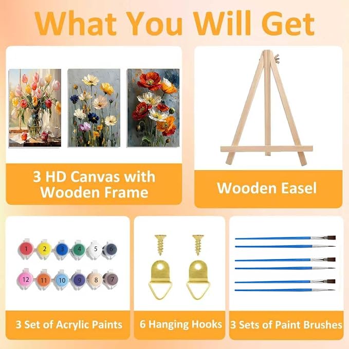 3 Pack Floral Framed Paint by Numbers Kits - Image 4