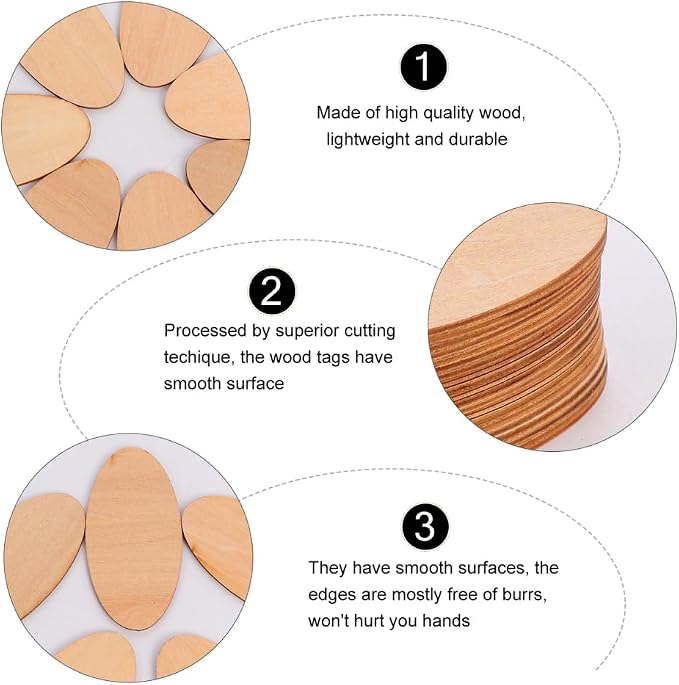 EXCEART 60Pcs Basswood Unfinished Oval Wood Slices 0.78X1.57X0.07In - Image 4