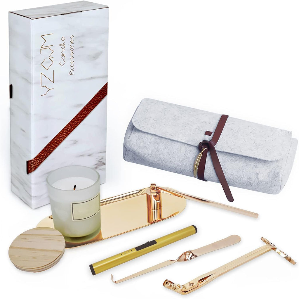 Exquisite Candle Accessories Tool Pack Bag, Rechargeable Electric Lighter， Wick Trimmer, Dipper, Snuffer and Tray Holder Elegant Kit Gift for Candle Lovers in Dating, Valentines Decor. (French Gold)