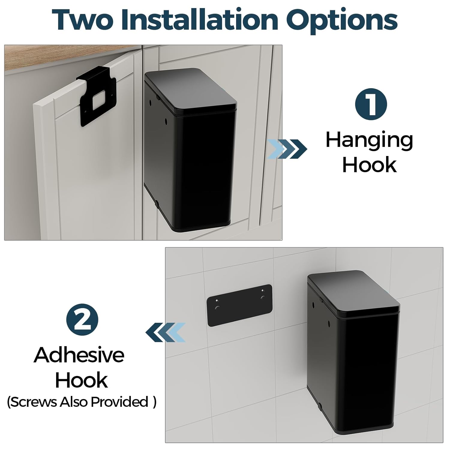 Stainless Steel Hanging Trash Can with Lid and Inner Bucket, 2 Gallon Kitchen Compost Bin for Counter Top, Under Sink or Wall Mount, Small Garbage Can for Cupboard/Bathroom/Bedroom/RV, Black