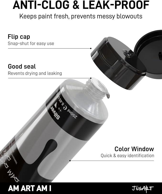 JusArt Metallic Silver Acrylic Paint, 8.45oz/250ml Large Tube, Heavy Body Rich - Image 7