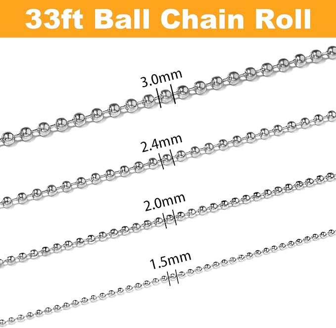 Jishi 33ft Ball Chain 2.4mm Silver Stainless Steel Bead Link Chain Roll - Image 2