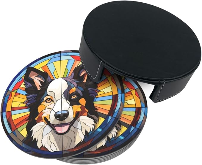Drink Coaster Set of 6, Border Collie Dog Mom Lover Gift, Leather Drink Coasters - Image 5
