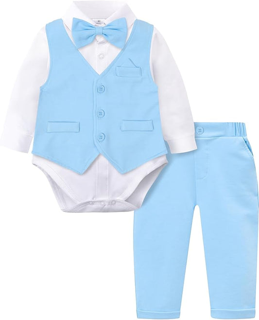 A&J DESIGN Baby Boy Suits Clothes Infant Toddler Formal Gentleman Outfits, Dress Shirt + Vest + Bow Tie + Pants Wedding Set