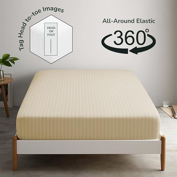 Feather & Stitch 1 Piece Fitted Sheet Full Size, 100% Cotton Damask Sateen Weave - Image 4