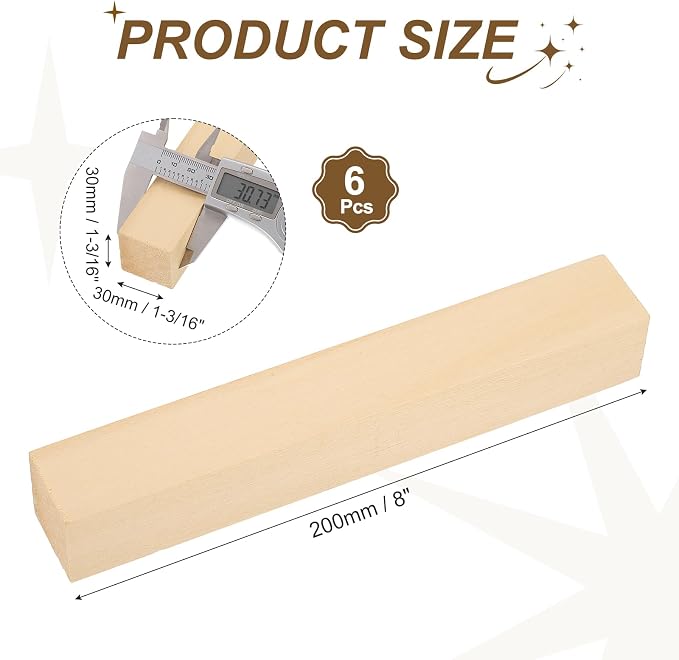 MECCANIXITY 6Pcs Basswood Sticks, 1.2" x 1.2" x 8" Square Wooden Dowel Rods - Image 2
