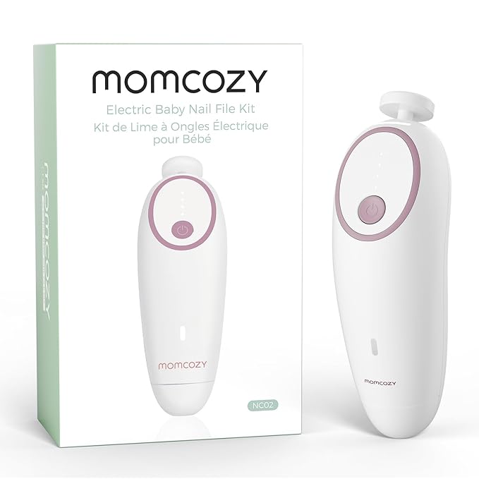 Momcozy Baby Nail File Electric, Gentle Baby Nail Trimmer Electric, Baby Nail Clipper with Night Light, 7 Grinding Head Replacement Pads, Pink