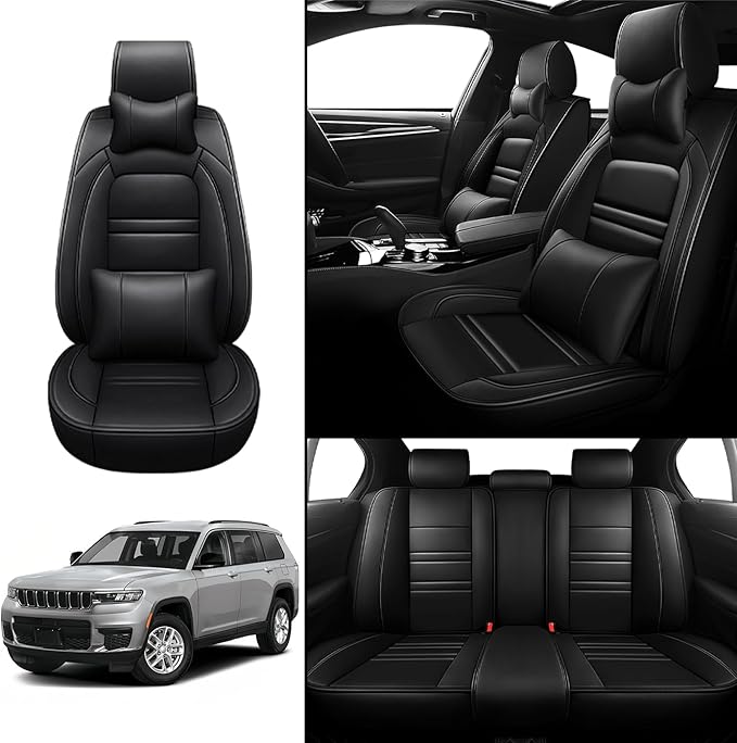 Car Seat Covers for JP Grand Cherokee 2011-2025 | 5-Seats Seat Covers, Waterproof Seat Protectors, Automotive Seat Covers (Full Set with Pillow,Black)
