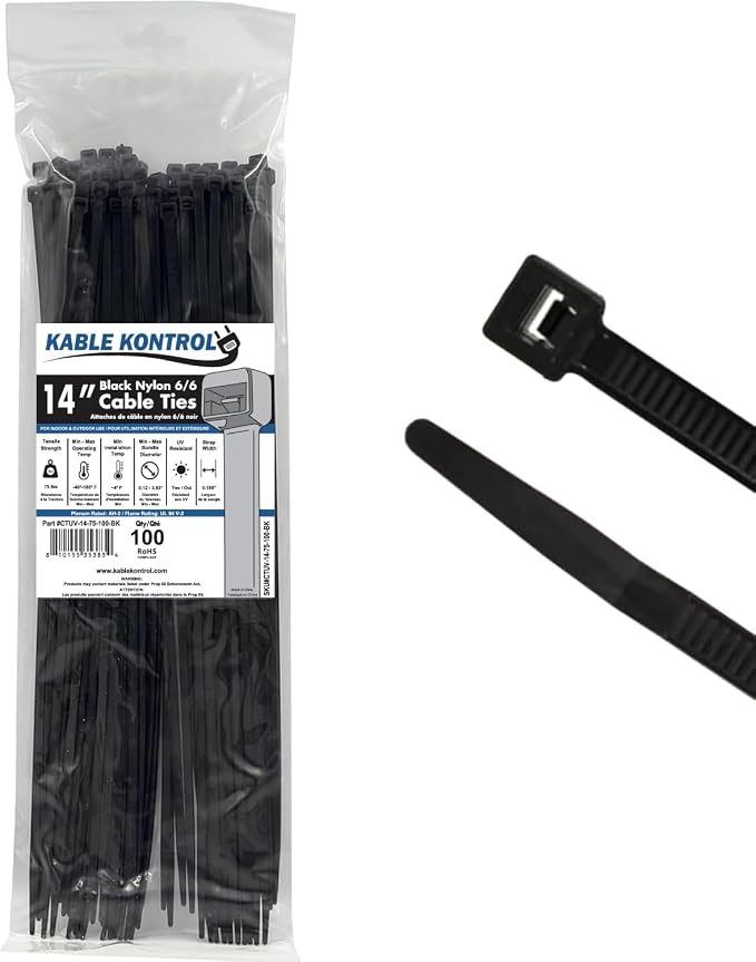 Kable Kontrol Cable Zip Ties Black 100 Pcs 14 Inch, 75 Lbs Tensile Strength by KABLEKONTROL%C2%AE