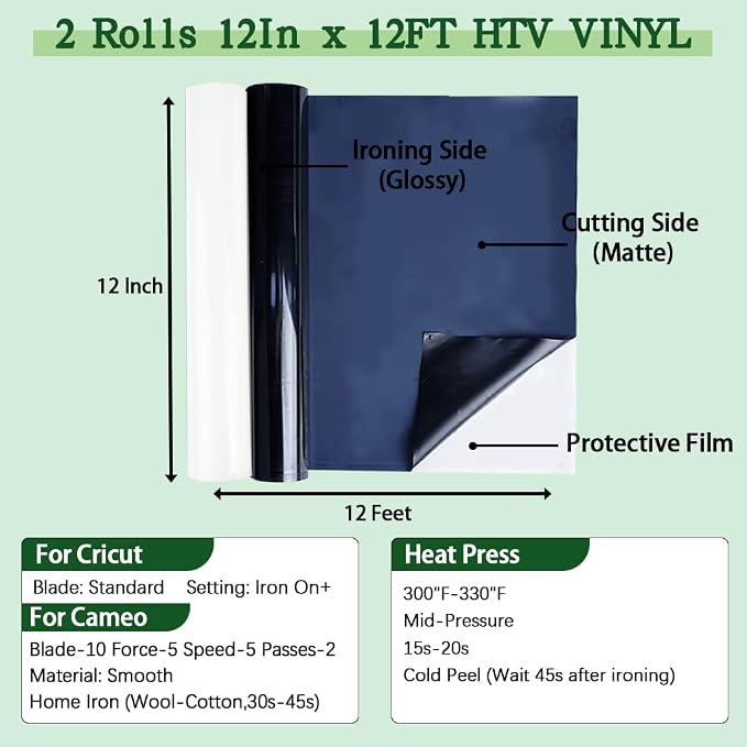 guangyintong Heat Transfer Vinyl HTV Rolls, 2 Rolls 12" x 12ft Black and White - Image 2