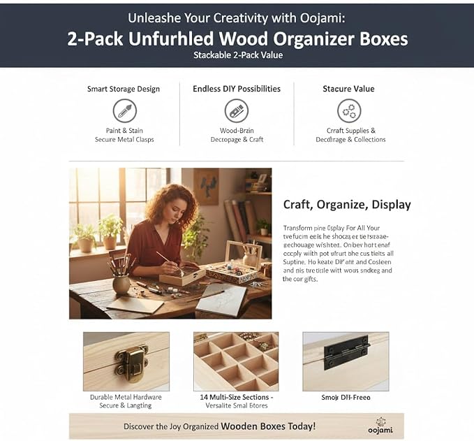 2 Pack Unfinished Wood Box, Glass Lid, 14 Compartment Jewelry Organizer | - Image 9