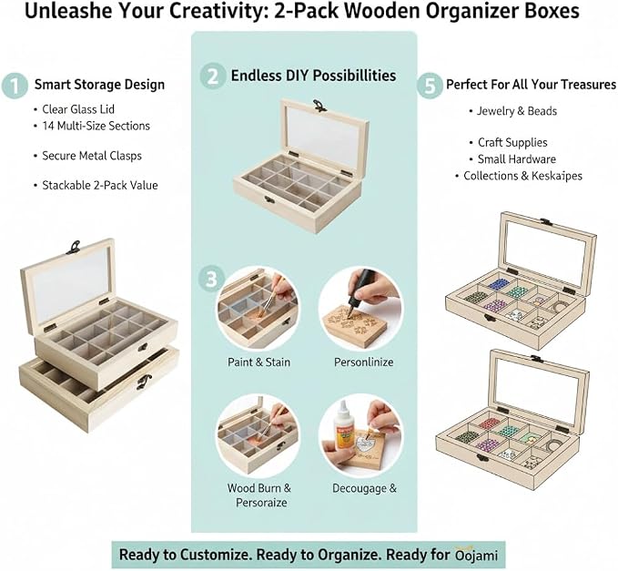 2 Pack Unfinished Wood Box, Glass Lid, 14 Compartment Jewelry Organizer | - Image 8