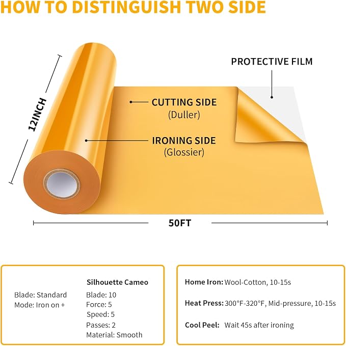 VinylRus Heat Transfer Vinyl-12 x 50ft Yellow Iron on Vinyl Roll - Image 3