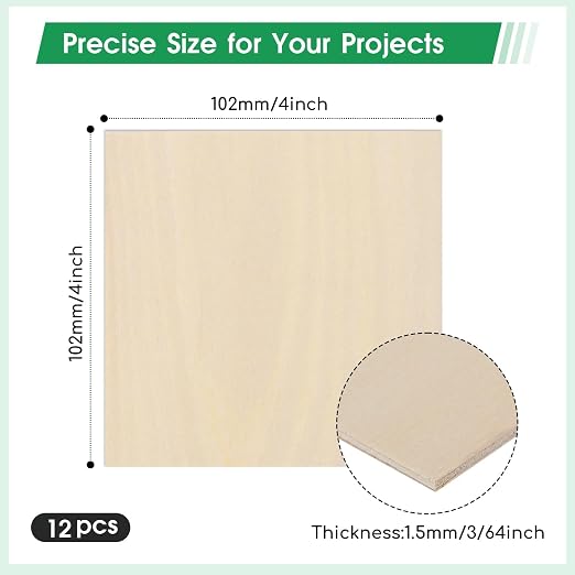 12 Pack Basswood Sheets 4"×4"×3/64" Unfinished Plywood Sheet | Smooth Thin Wood - Image 2