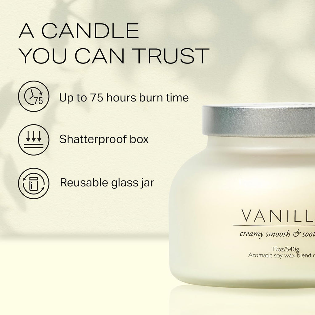 Volcano Vanilla Candle 19oz:- with a Crackling Wooden Wick in Large 4" x 5" Large Elegant White Glass Jar in a Presentation Gift Box and Protective Shipping Box
