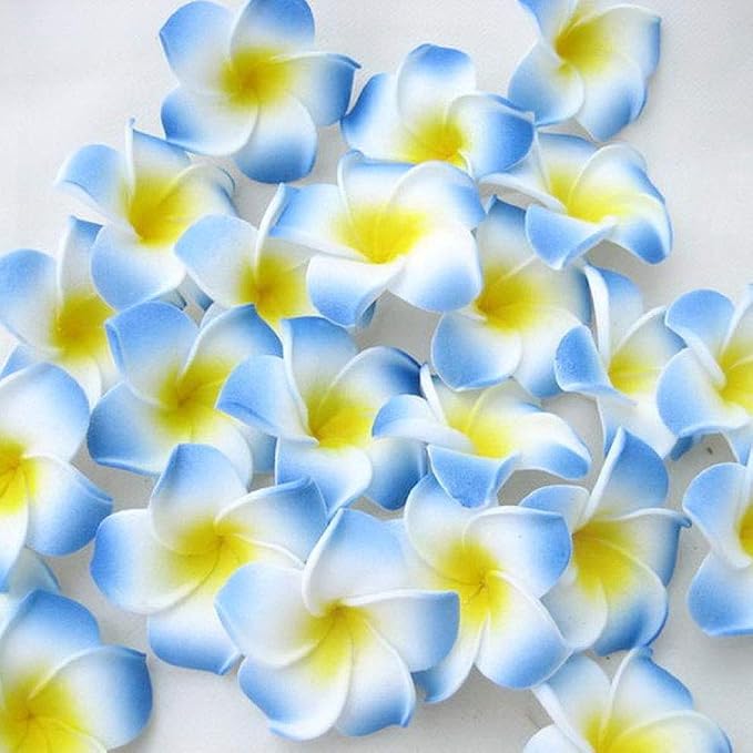 Pursuestar 100Pcs Blue Foam Hawaiian Frangipani Artificial Plumeria Flower - Image 5