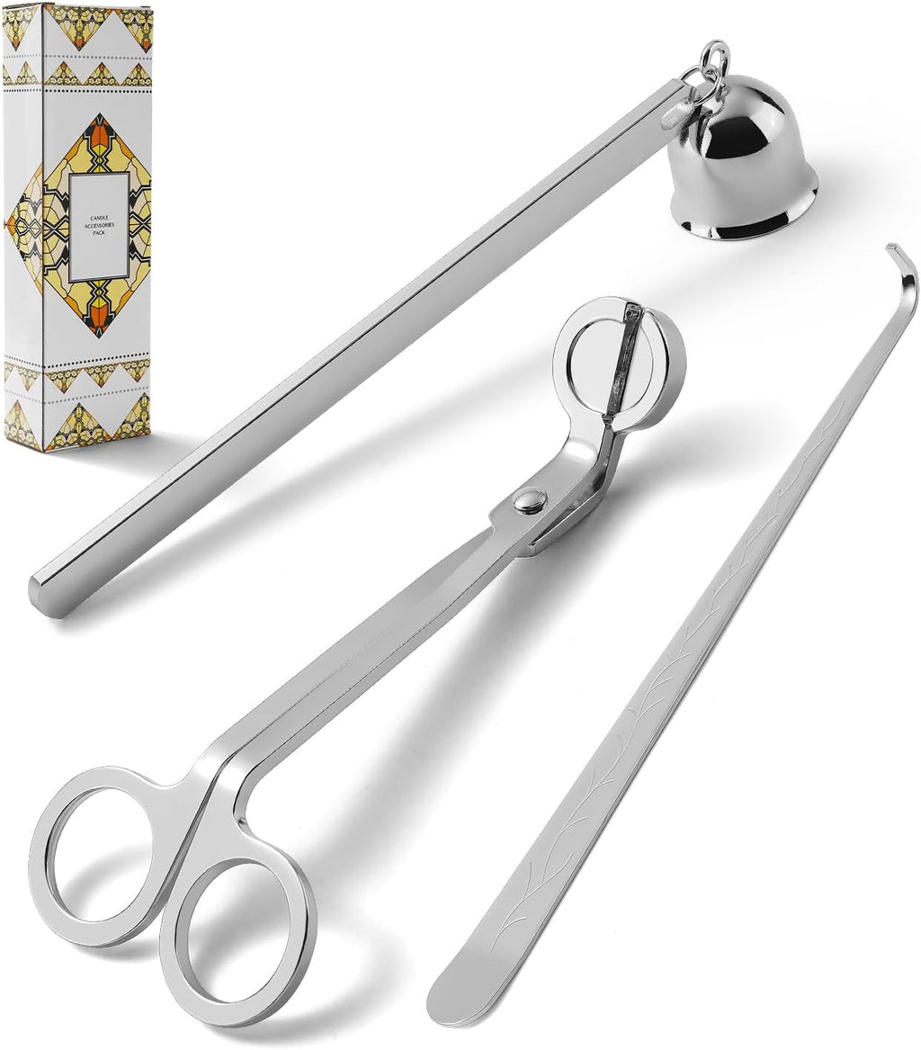 PATOISE 3 in 1 Candle Accessory Set, Candle Wick Trimmer Cutter, Candle Snuffer, Candle Wick Dipper Mini in Gift Package for Candle Aromatherapy Lovers(3PCS Silver)