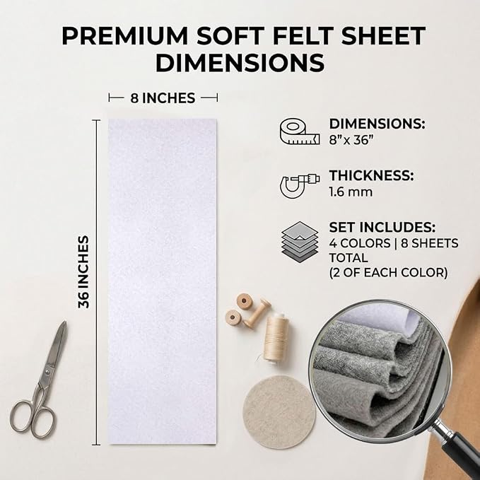 Black White Grey Felt Sheets 8"X 36" 1.6mm Thick 8 Pack Assorted Colors | Soft - Image 2
