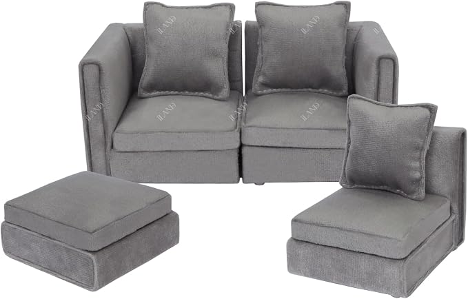 iLAND Dollhouse Furniture Sectional Dollhouse Couch Set Light Grey Velvet Sofa - Image 9