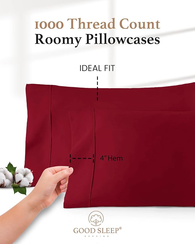 1000 TC Burgundy Standard Pillowcases Set of 2 100% Egyptian Cotton Pillow Cases - Image 3