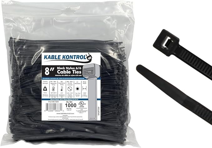 Kable Kontrol Cable Zip Ties 1000 Pcs 8 Inch Black, 18 Lbs Tensile Strength by KABLEKONTROL%C2%AE