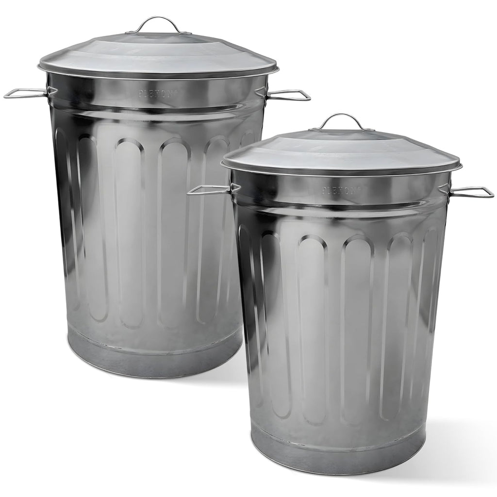 Plexon 2 Pack 13-Gallon Galvanized Steel Round Trash Can with Lid, Indoor and Outdoor Use, Durable Construction, Classic Design, Stylish