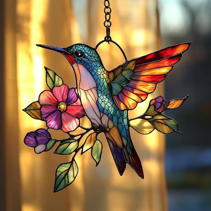 Flowers and Hummingbird Acrylic Suncatcher Stained Glass Effect Window Car by AVAGAN