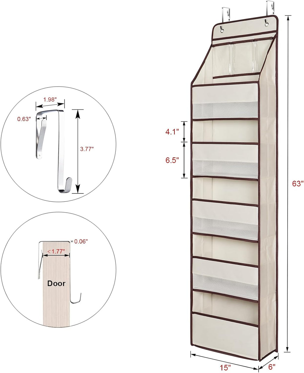 Univivi 6-Shelf Over Door Hanging Organizer Fabric Baby Door Storage with 5 Large Pockets and 3 Small PVC Pockets Wall Mount Hanging Storage Organizers for Baby Essential (Beige)