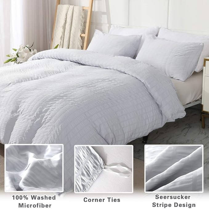 AveLom Light Gray Duvet Cover Cal King, 3 Pieces, Seersucker Striped Soft - Image 2