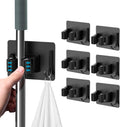 Mop Broom Holder No Drill, Mop Broom Organizer Wall Mounted Heavy Duty with Hooks Hanger, Self Adhesive Stainless Steel 4Pcs for Bathroom, Kitchen, Office (Black)