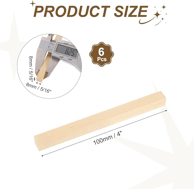 MECCANIXITY 6Pcs Basswood Sticks, 5/16" x 5/16" x 4" Square Wooden Dowel Rods - Image 2