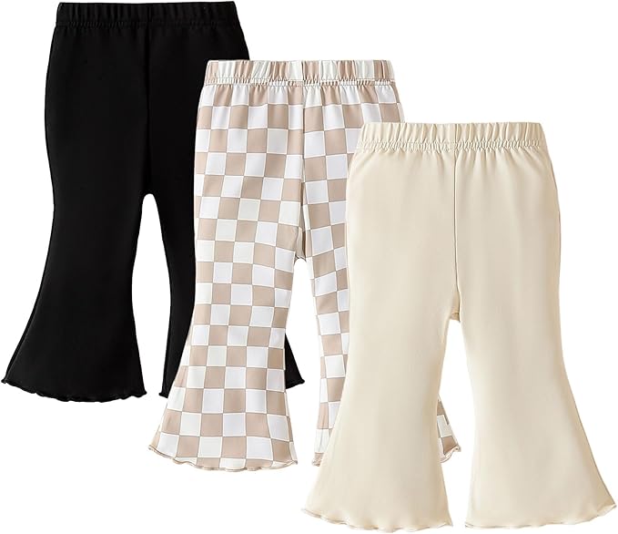 SOBOWO Checkered Baby Girl Flare Pants 3 Pack Toddler Bell Bottoms Plaid Ruffle Leggings Pants Fall Winter Outfits Size 6M-4T