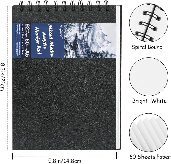 8.3x5.8 Sketch Book, Top Spiral Bound Sketch Pad, 60sheets 92lb/150gsm Bright - Image 2