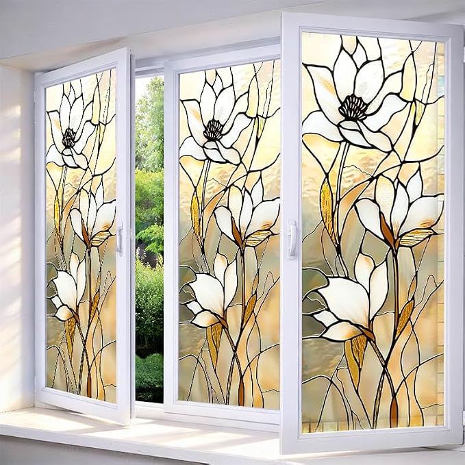 IVN Privacy Window Film Stained Glass Static Cling Window Film White Floral by IVN