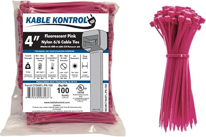 Kable Kontrol Fluorescent Pink Zip Ties 4 Inch 100 Pcs, 18 Lbs Tensile Strength by KABLEKONTROL%C2%AE