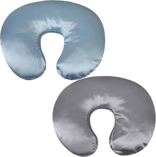 Satin Nursing Pillow Cover Set 2 Pack Ultra Soft Silk Compatible with Boppy Pillow for Breastfeeding Pillow Protect for Baby Hair and Skin Grey & Lt Blue