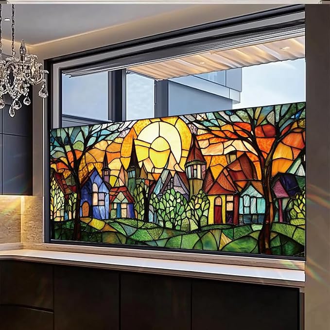 Colorful Fairy Village Stained Glass Window Film 17.71x39.97 Inch Sunlit Houses - Image 5