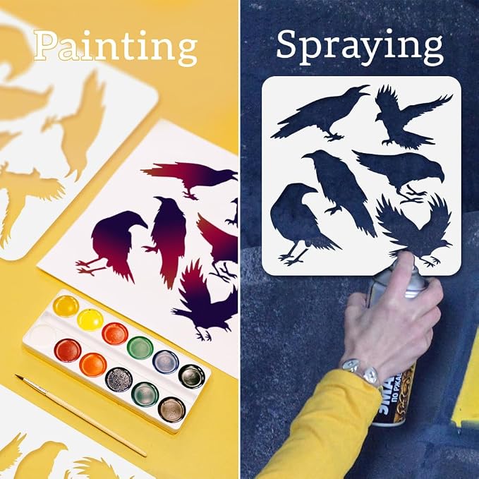 4Pcs Crow Stencils for Painting, 11.8"x 11.8" Reusable Horror Bird Stencil - Image 3