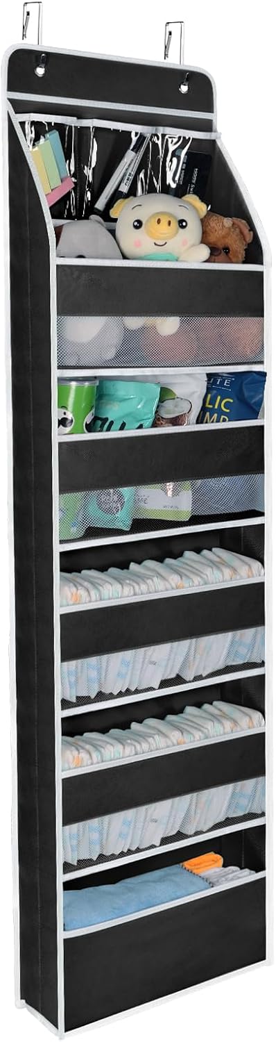 Univivi 6-Shelf Over Door Hanging Organizer Fabric Baby Door Storage with 5 Large Pockets and 3 Small PVC Pockets Wall Mount Hanging Storage Organizers for Baby Essential (Black)
