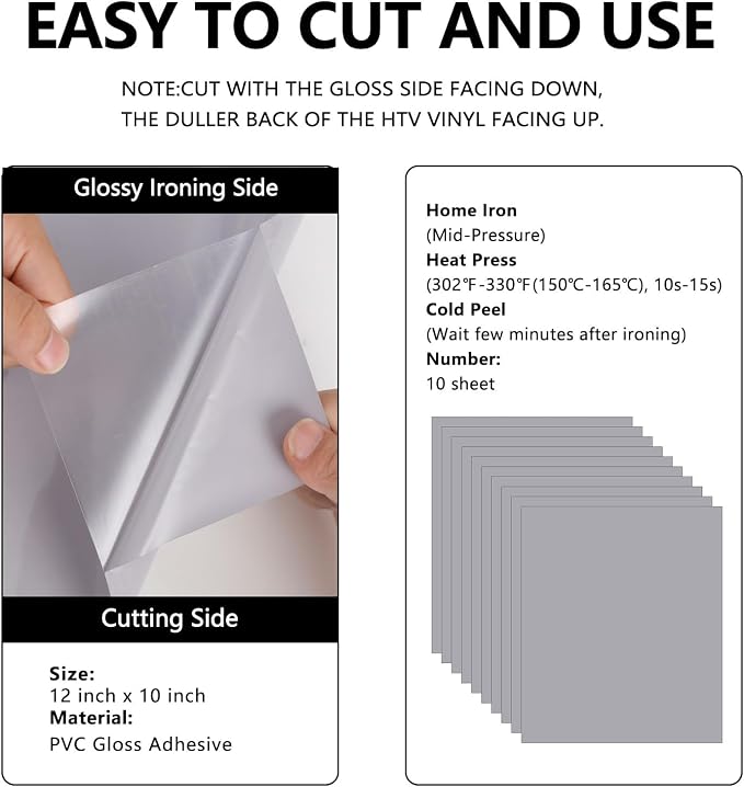 FUNKAKA Gray HTV Heat Transfer Vinyl Sheets, 10 Sheets Sticky HTV Vinyl - Image 3